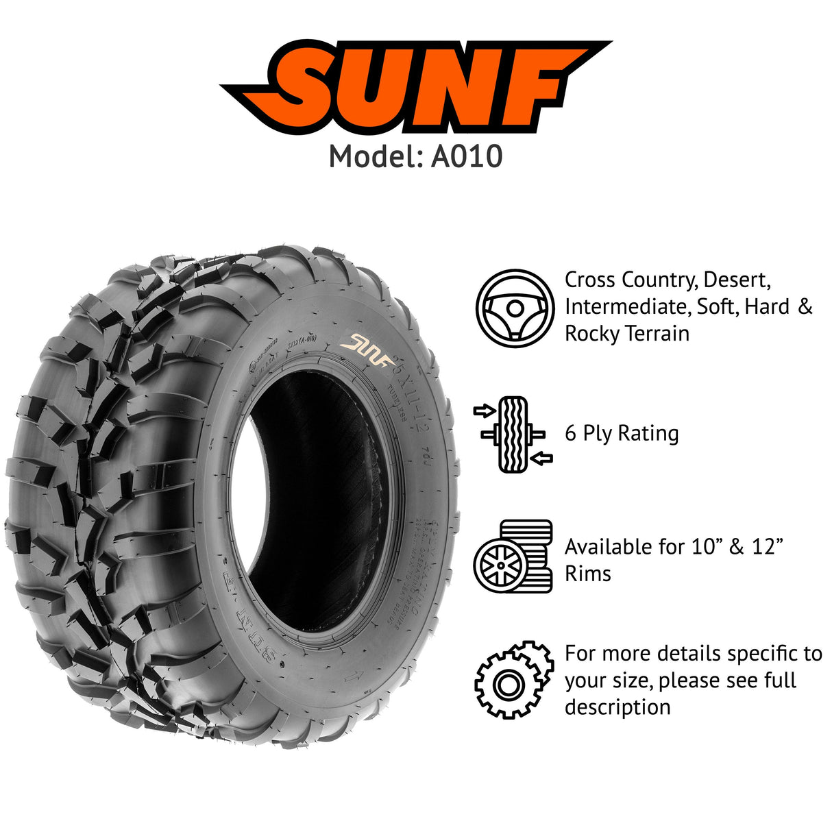 SunF ATV TIRE/UTV TIRE All Terrain 6 PR Tubeless A010 (set of 2) SUNF
