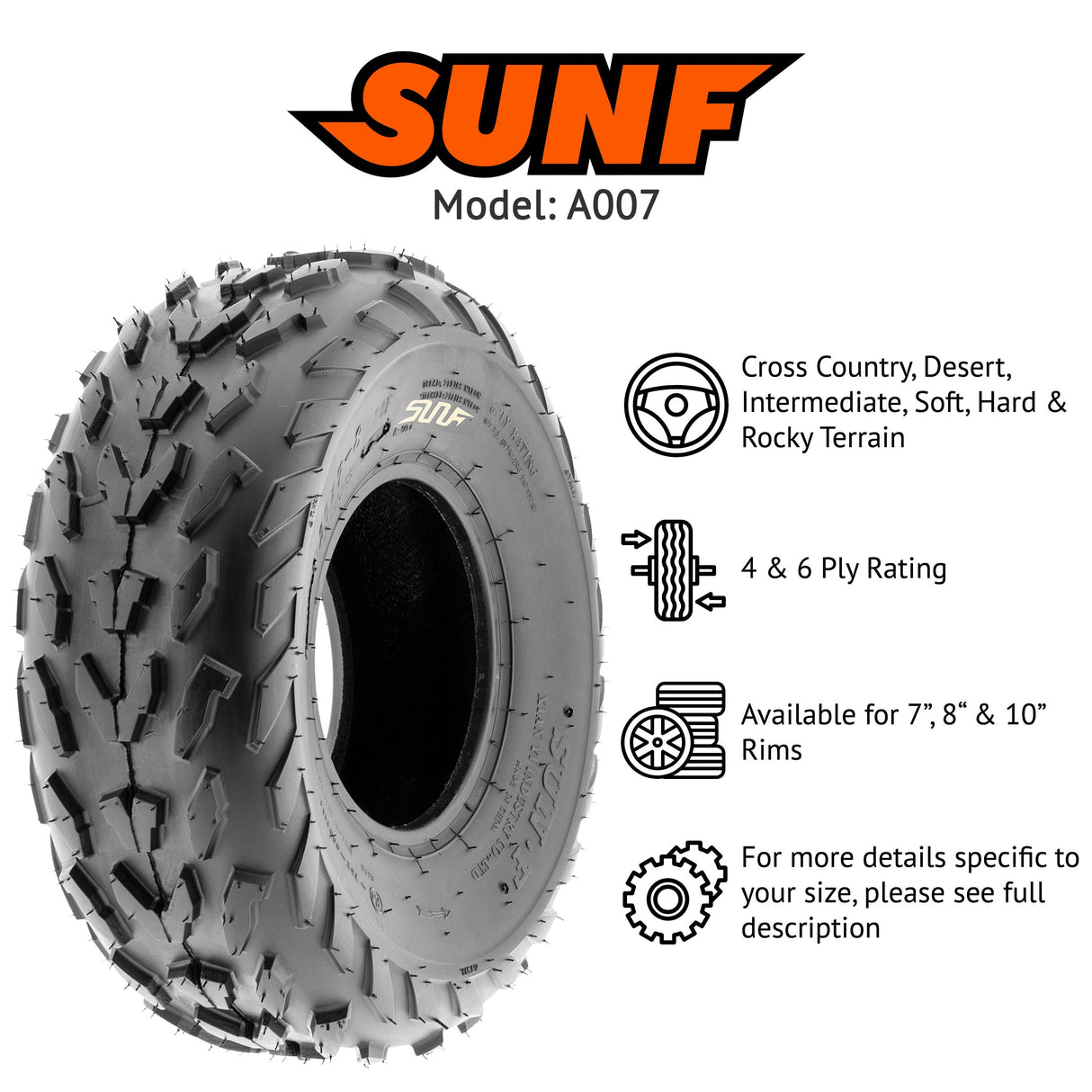 SunF ATV TIRE/UTV TIRE All Terrain 4 PR/6 PR Tubeless A007 (set of 2) SUNF