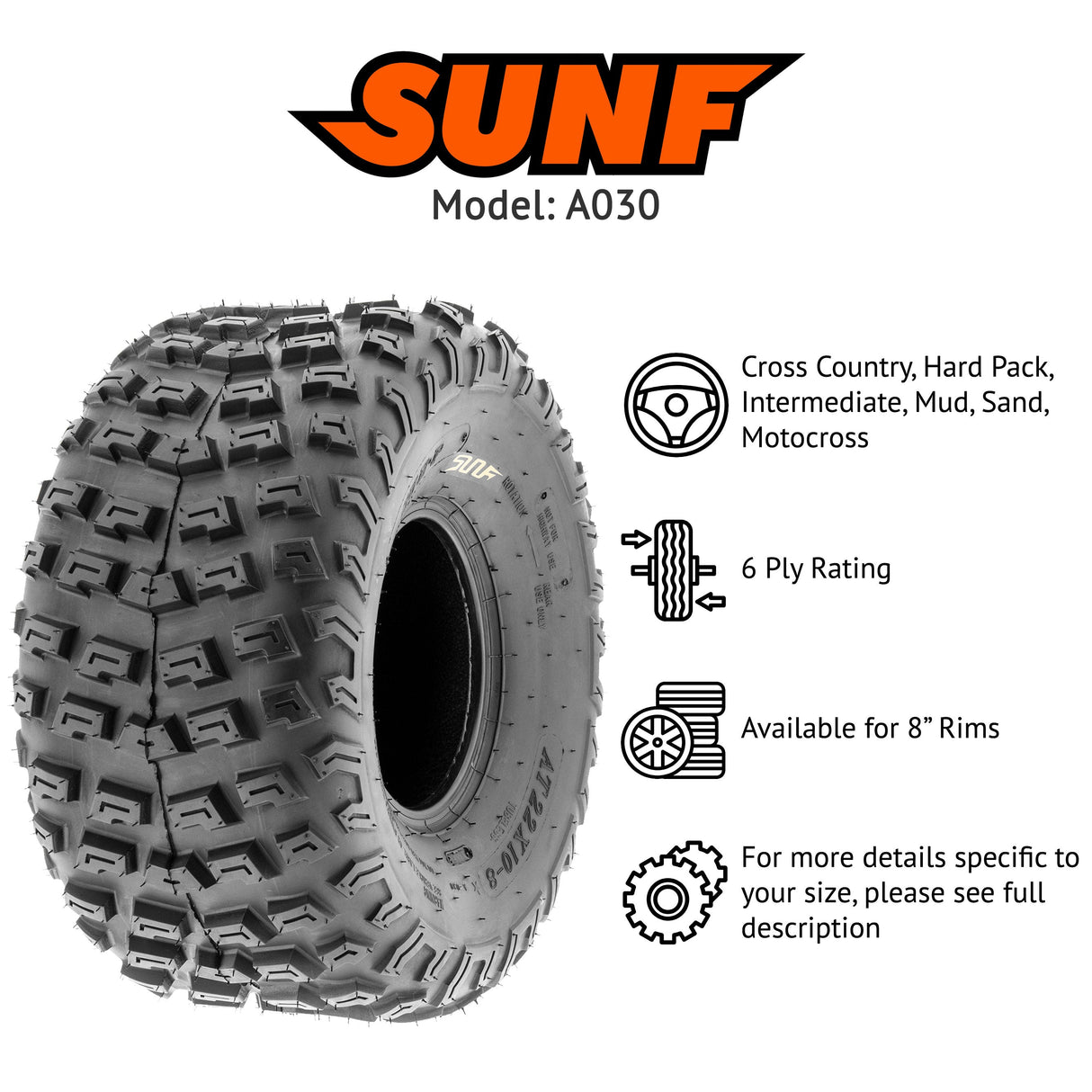 SunF ATV TIRE/UTV TIRE All Terrain 6 PR Tubeless A030 (set of 4) SUNF