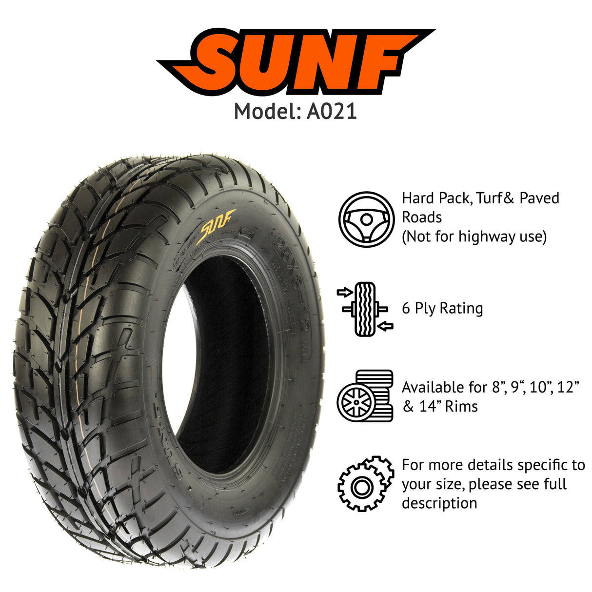 SunF ATV TIRE/UTV TIRE SPORT DIRT FLAT TRACK 6 PR Tubeless A021 (set of 2) SUNF