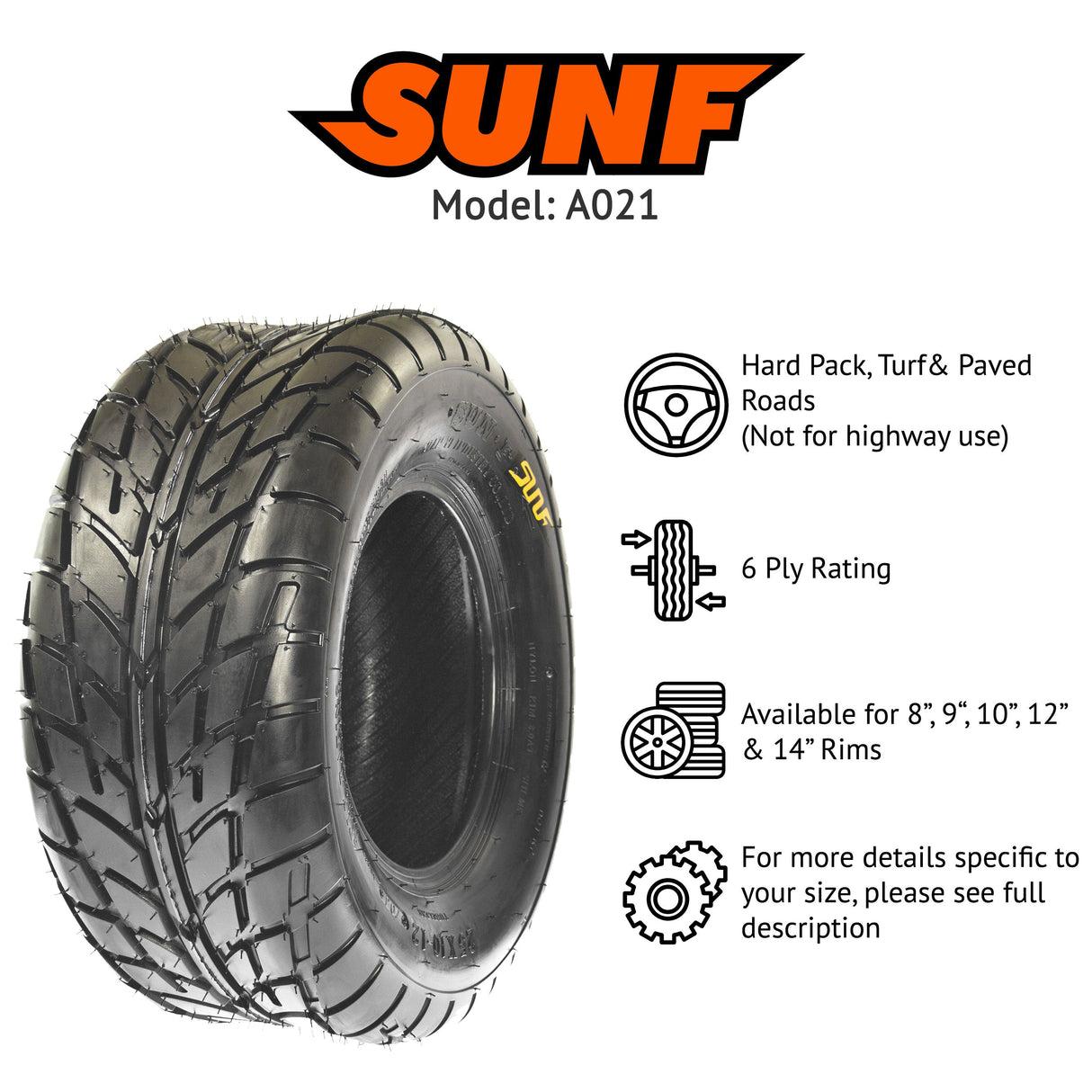 SunF ATV TIRE/UTV TIRE SPORT DIRT FLAT TRACK 6 PR Tubeless A021 (set of 2) SUNF
