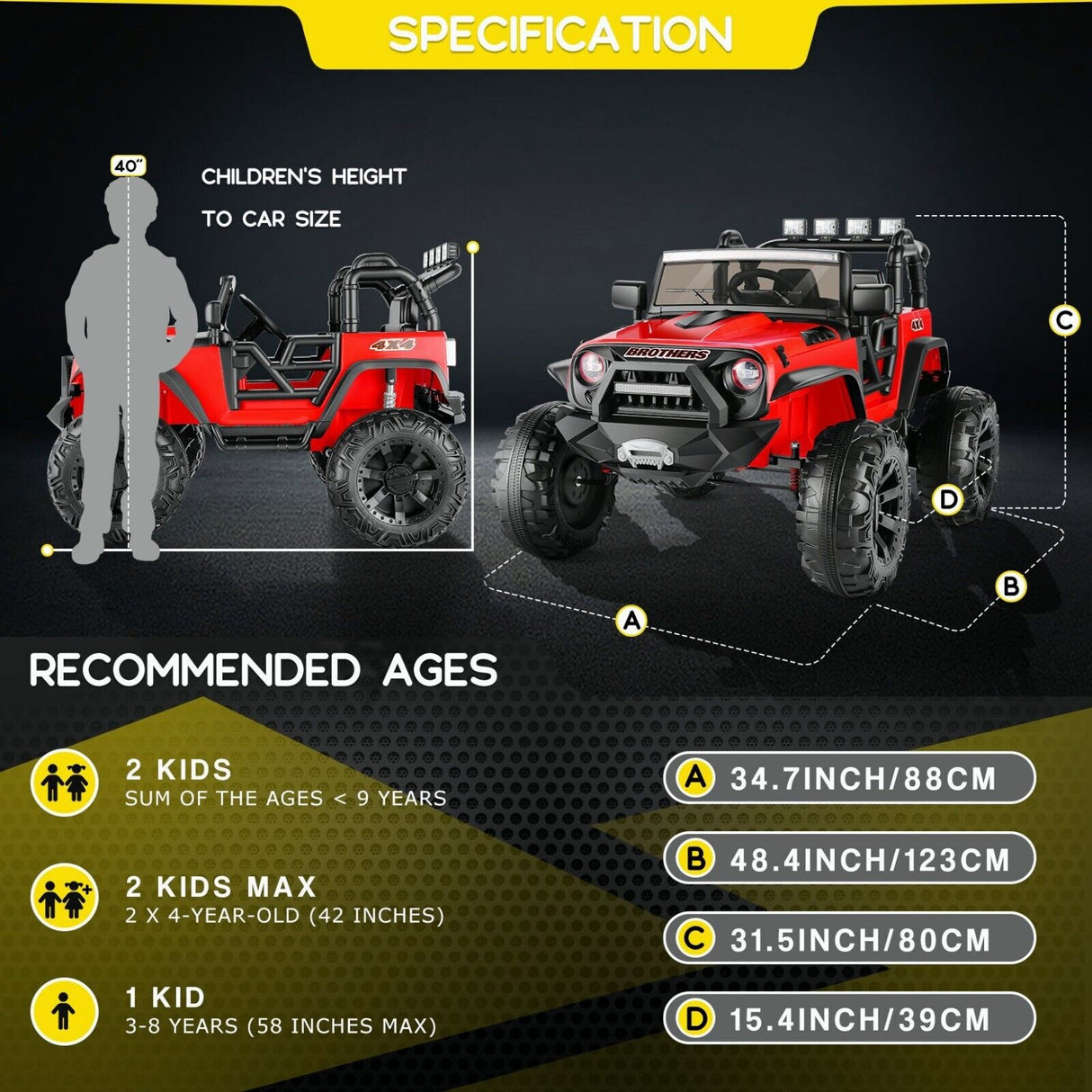 Jeep 24V/12V Kids Electric Ride-On Car with Remote Control, 3 Speeds, and LED Lights