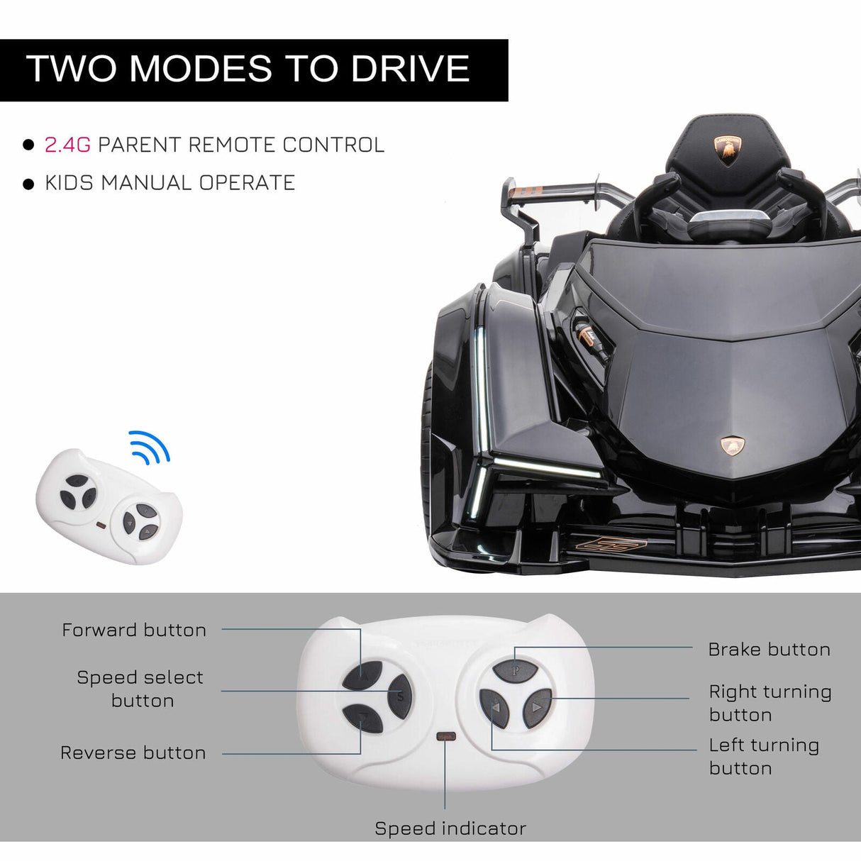 12V Black Lamborghini GT Kids Ride-On Sports Car with Remote Control