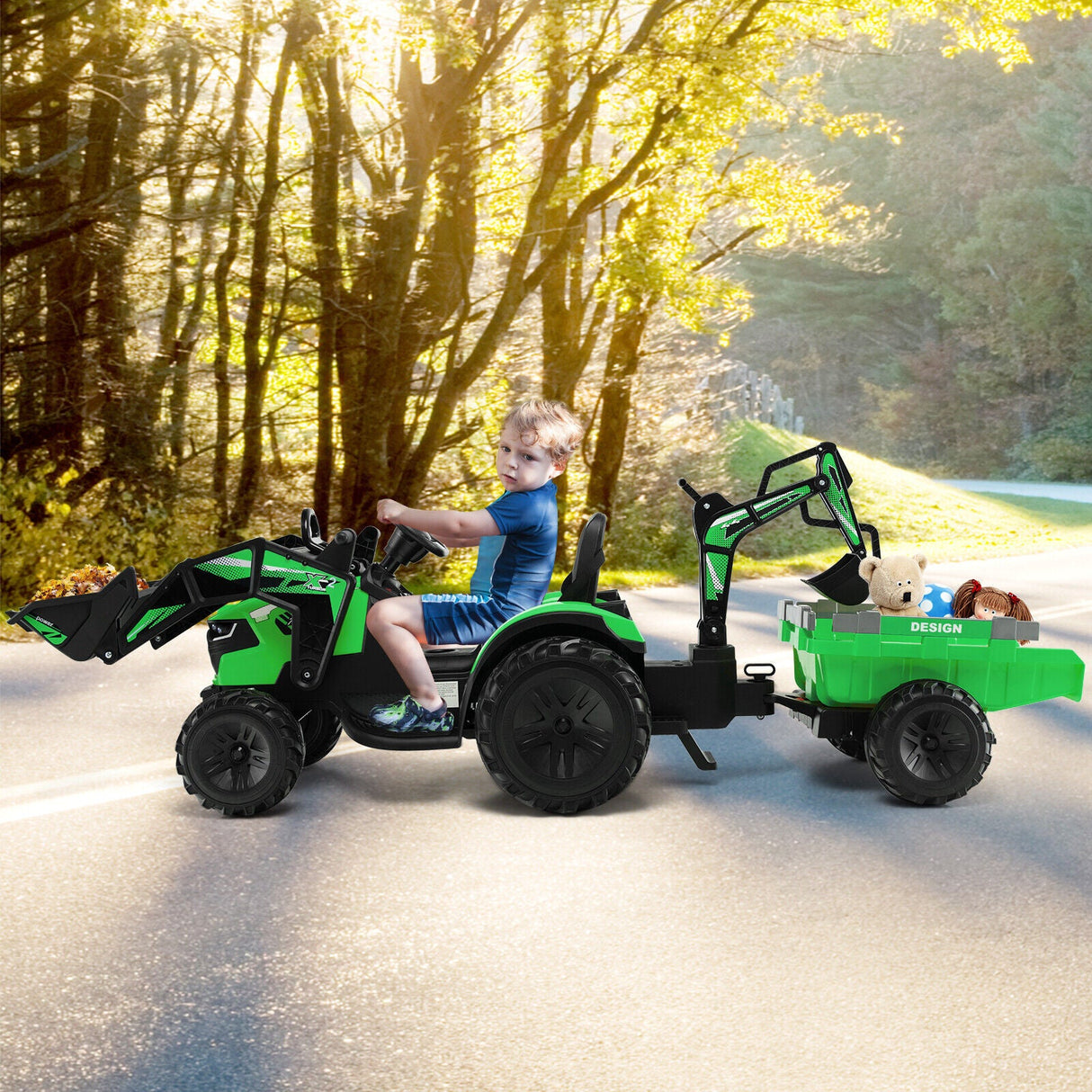 12V Electric Ride-On Excavator Bulldozer with Trailer for Kids - Remote Control Included