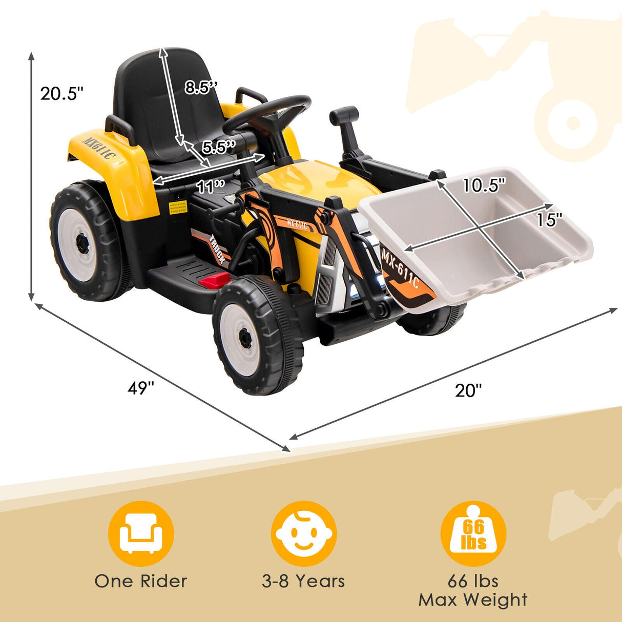 12V Electric Ride-On Excavator Digger Tractor with RC Control and Digging Bucket - Yellow