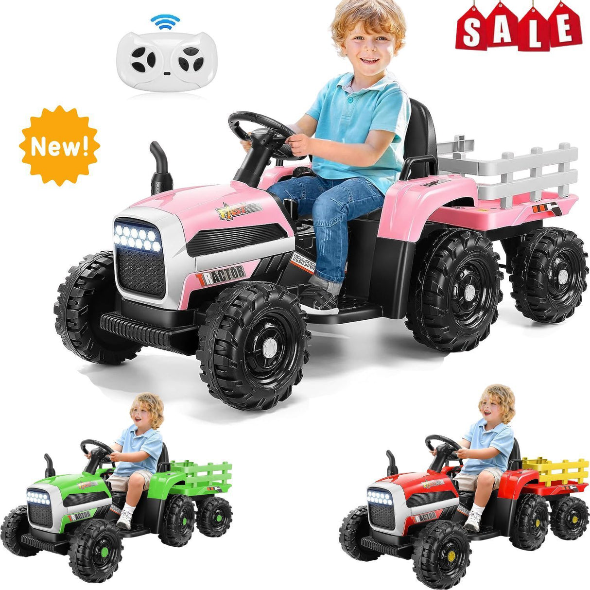 12V Electric Ride-On Tractor with Trailer for Kids - Remote Controlled Toy Car