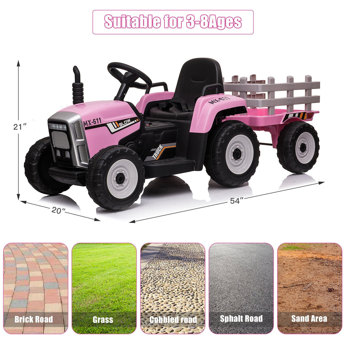 12V Battery Powered Kids Ride-On Tractor with Detachable Trailer and LED Lights
