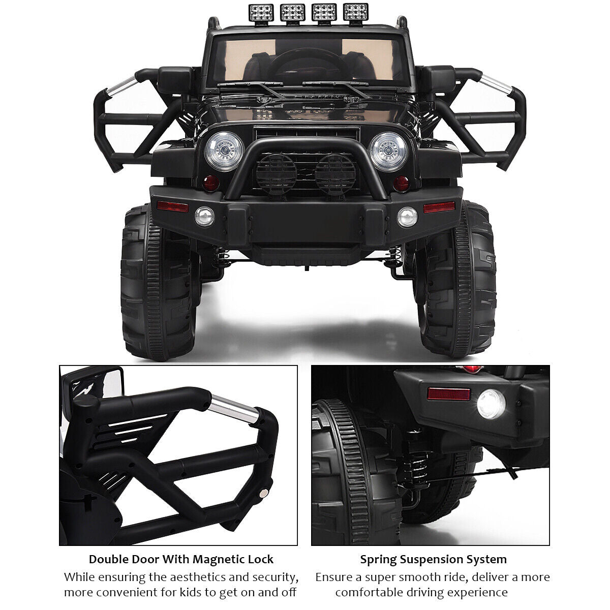 12V Kids Ride On Truck Car with Remote Control, MP3 Music, and LED Lights in Black