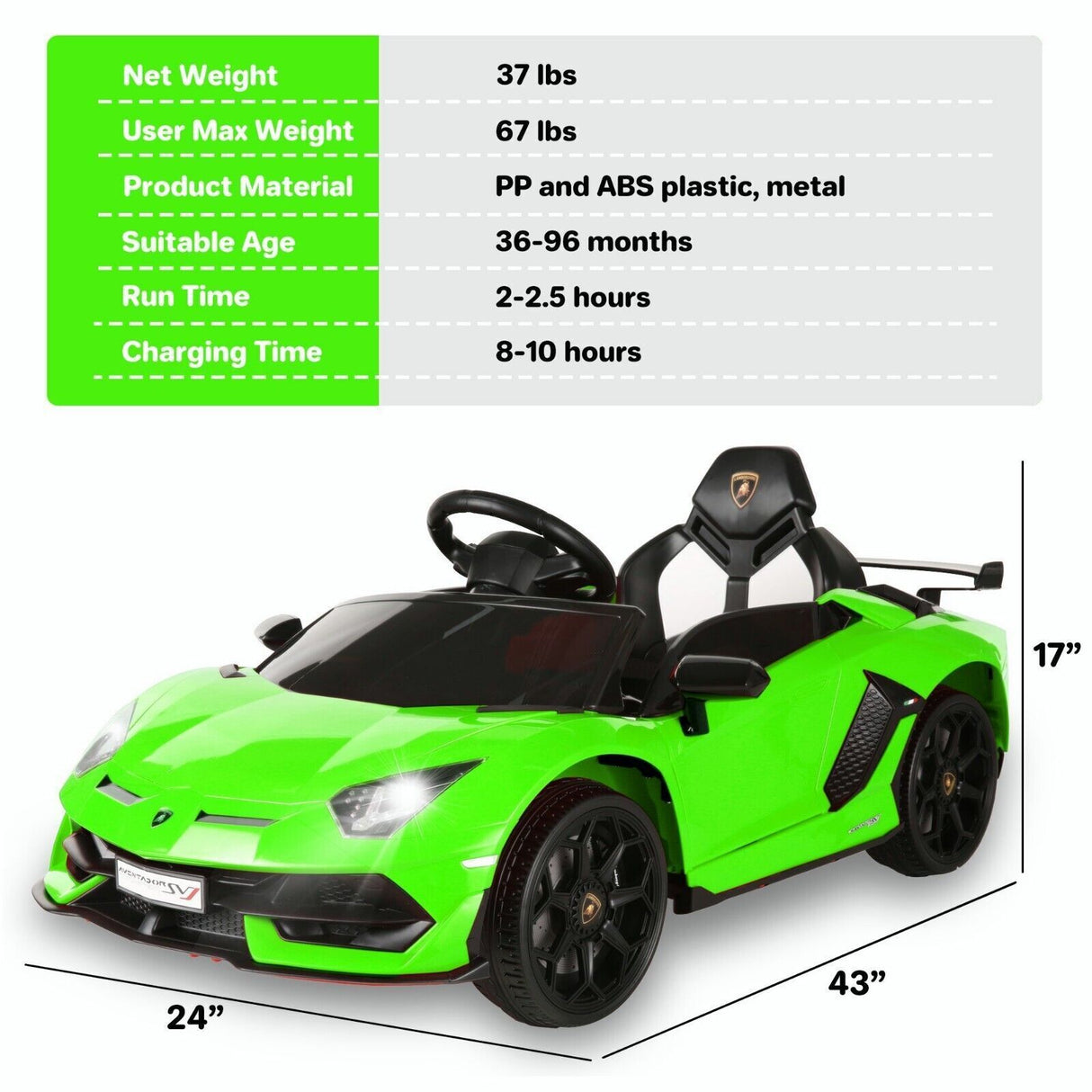 12V Licensed Lamborghini Aventador SVJ Electric Ride-On Car for Kids