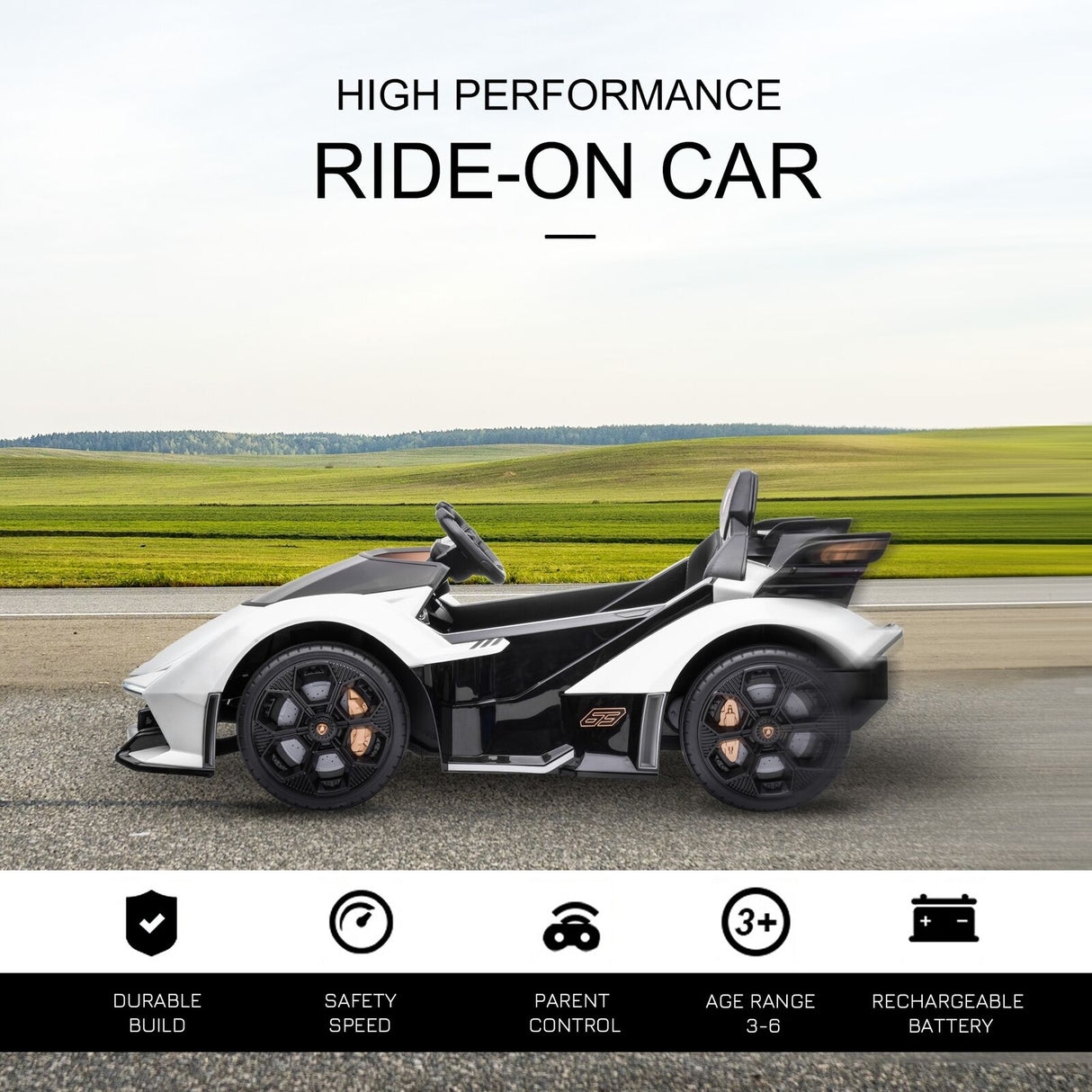 12V White Lamborghini GT Kids Ride-On Sports Car with Remote Control
