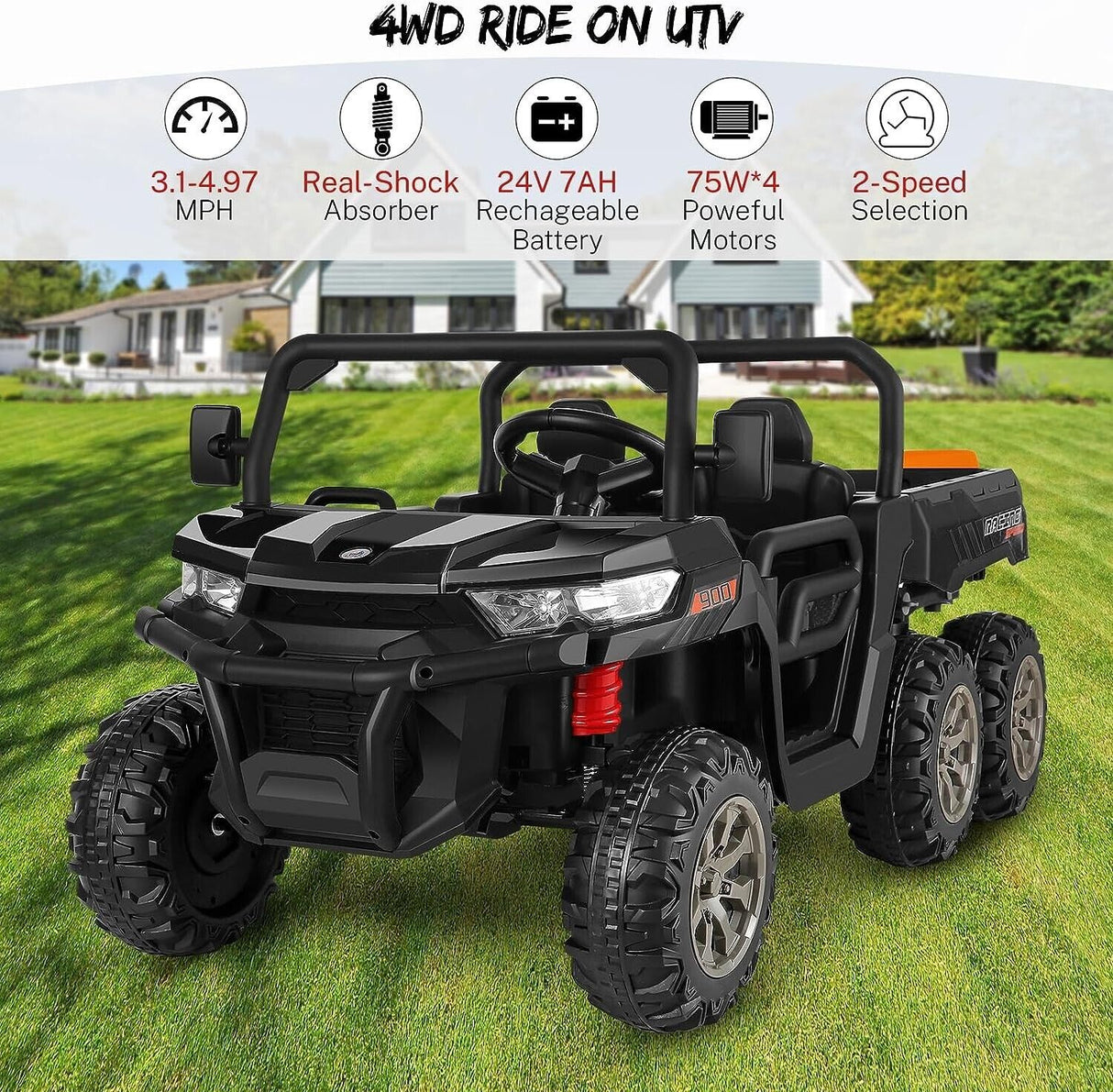 2-Seat 24V Electric Dump Truck Ride-On Toy with 6 Wheels - Black