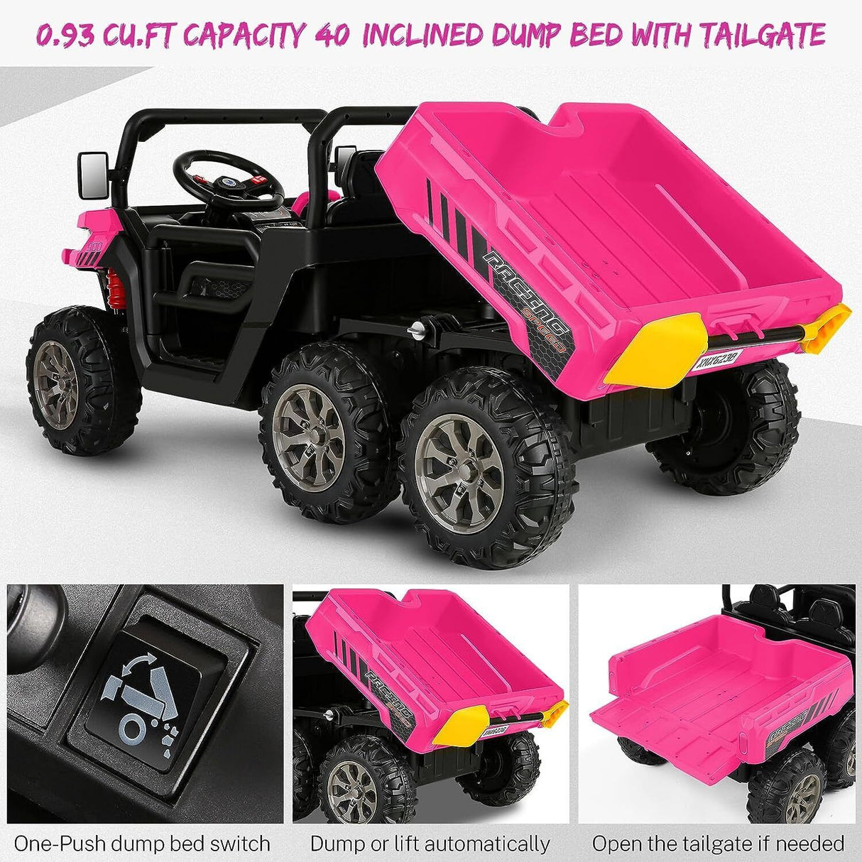 2 Seater 24V 4WD Ride On Car for Kids with Dump Bed, Remote Control, MP3, and LED Lights