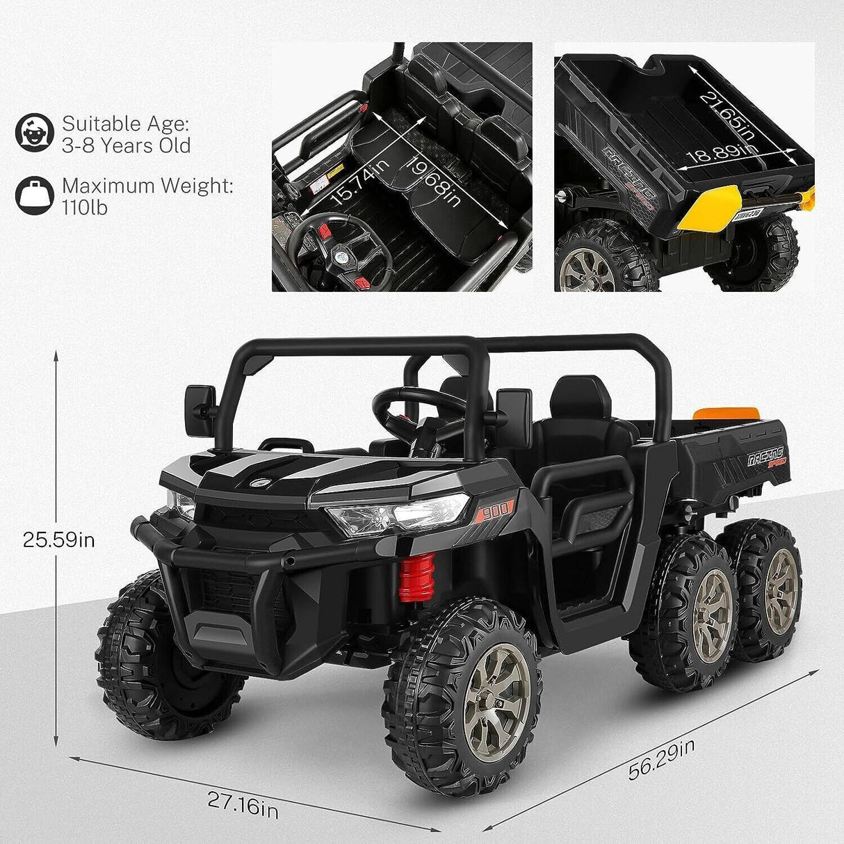 2-Seater Electric Dump Truck Toy with 24V Battery Power and 6 Wheels for Kids