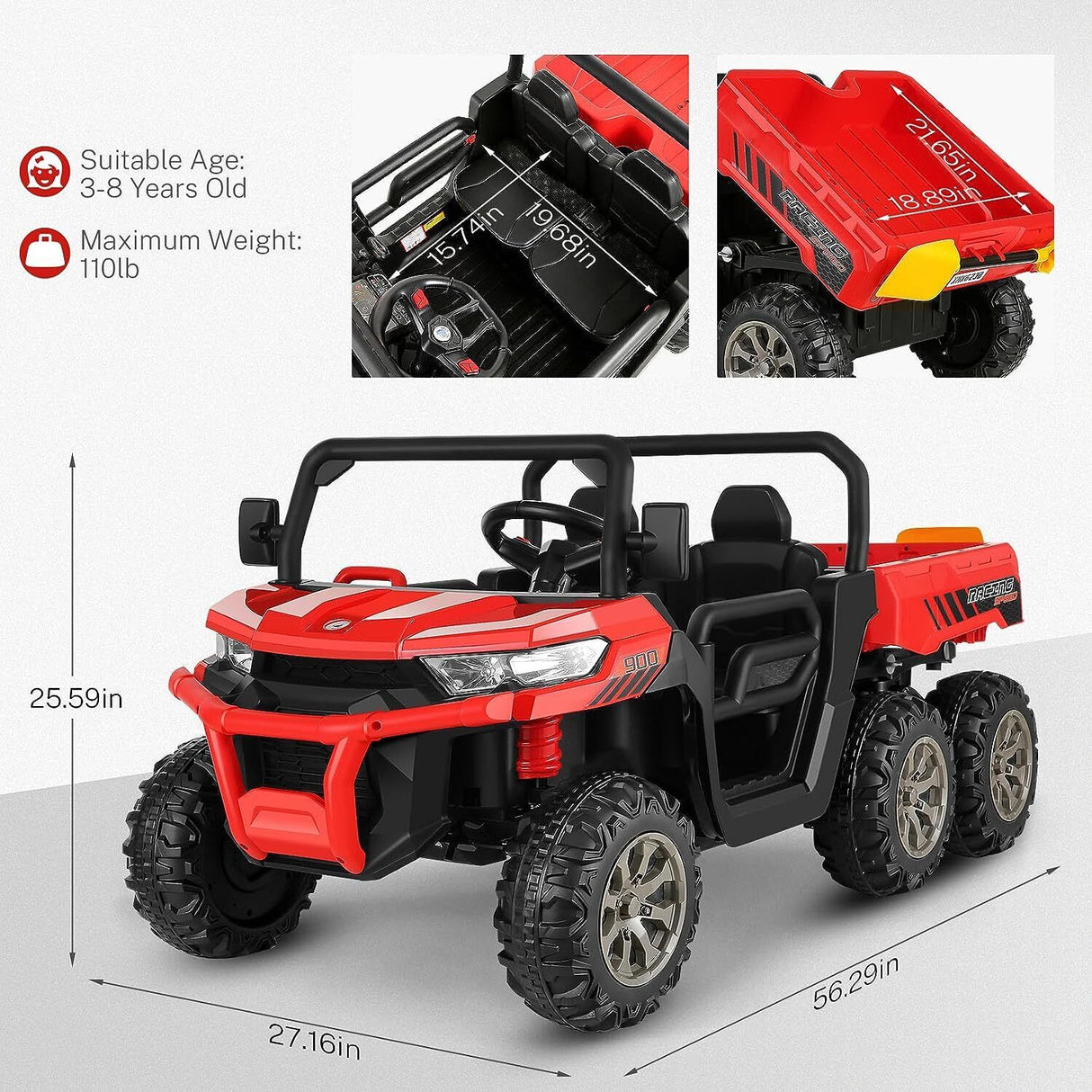 2 Seater 24V Dump Truck Ride On Car with Electric Dump Bed & Shovel - Remote Controlled