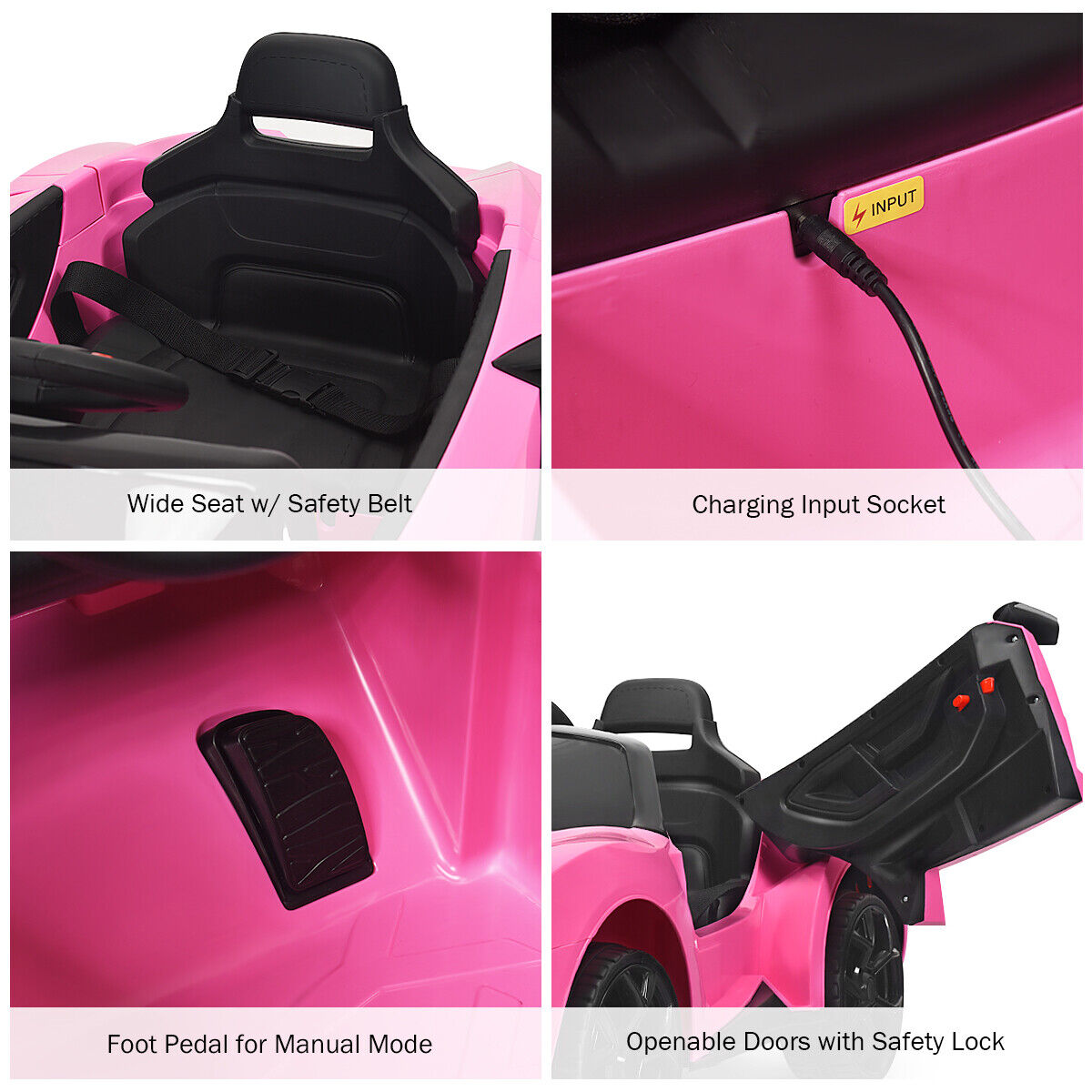 Electric Pink Ride-On Car for Kids with Remote Control, Lights, Music, and Openable Doors
