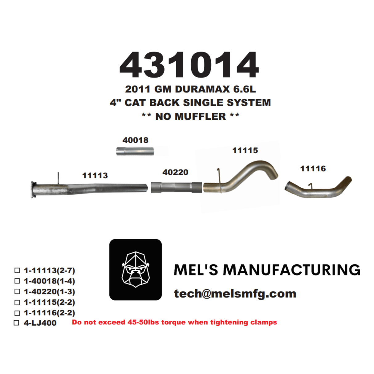 2011-2015 Duramax LML 4" Cat Back Exhaust No Muffler (431014)