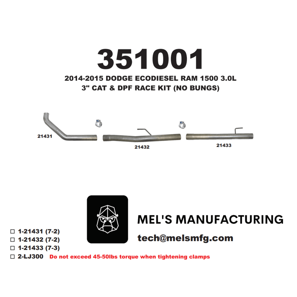 2014-2018 Ram EcoDiesel 3.0L 3" Cat & DPF Race Pipe (351001)