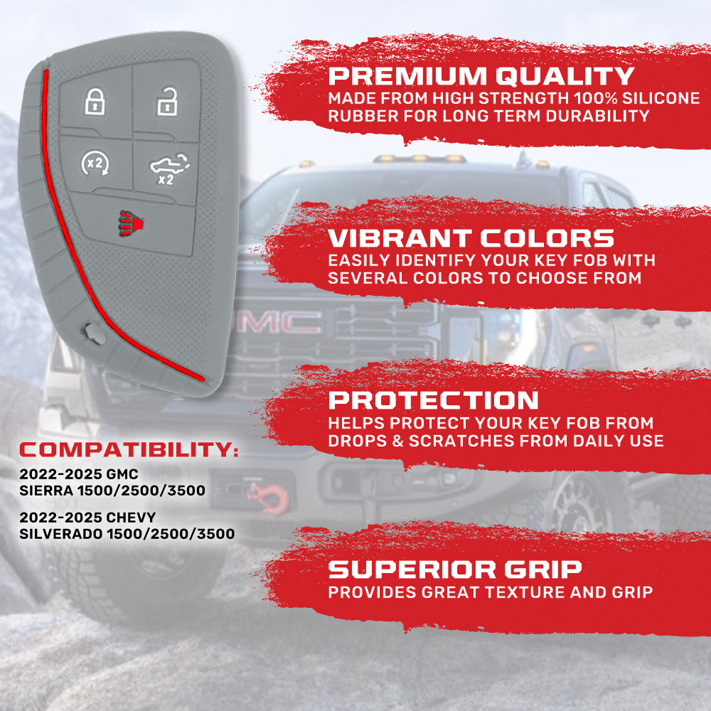 GMC & Chevy 22-25 Sierra & Silverado 1-Piece 100% Silicone Rubber Key Fob Cover - Multiple Colors