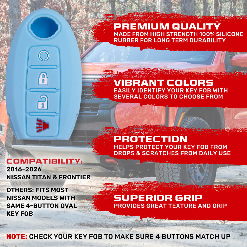 Nissan 16-26 Titan & Frontier 1-Piece 100% Silicone Rubber 3-Button & 4-Button Key Fob Cover - Multiple Colors