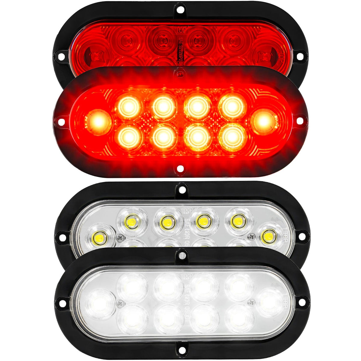 Red & White Oval 6" Universal 4-PC LED Trailer Tail Lights (Red Tail Lights, Brake Lights & Turn Signals, White Backup/Reverse Lights)