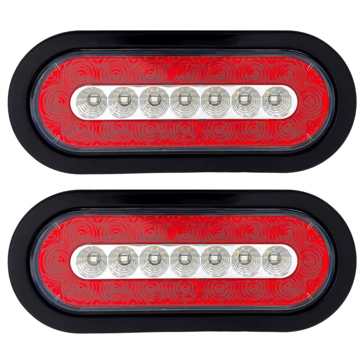Red & White Oval 6" Universal 2-Pc LED Trailer Tail Lights (Red Running Lights, Brake Lights, Turn Signals & White Reverse/Backup Lights)