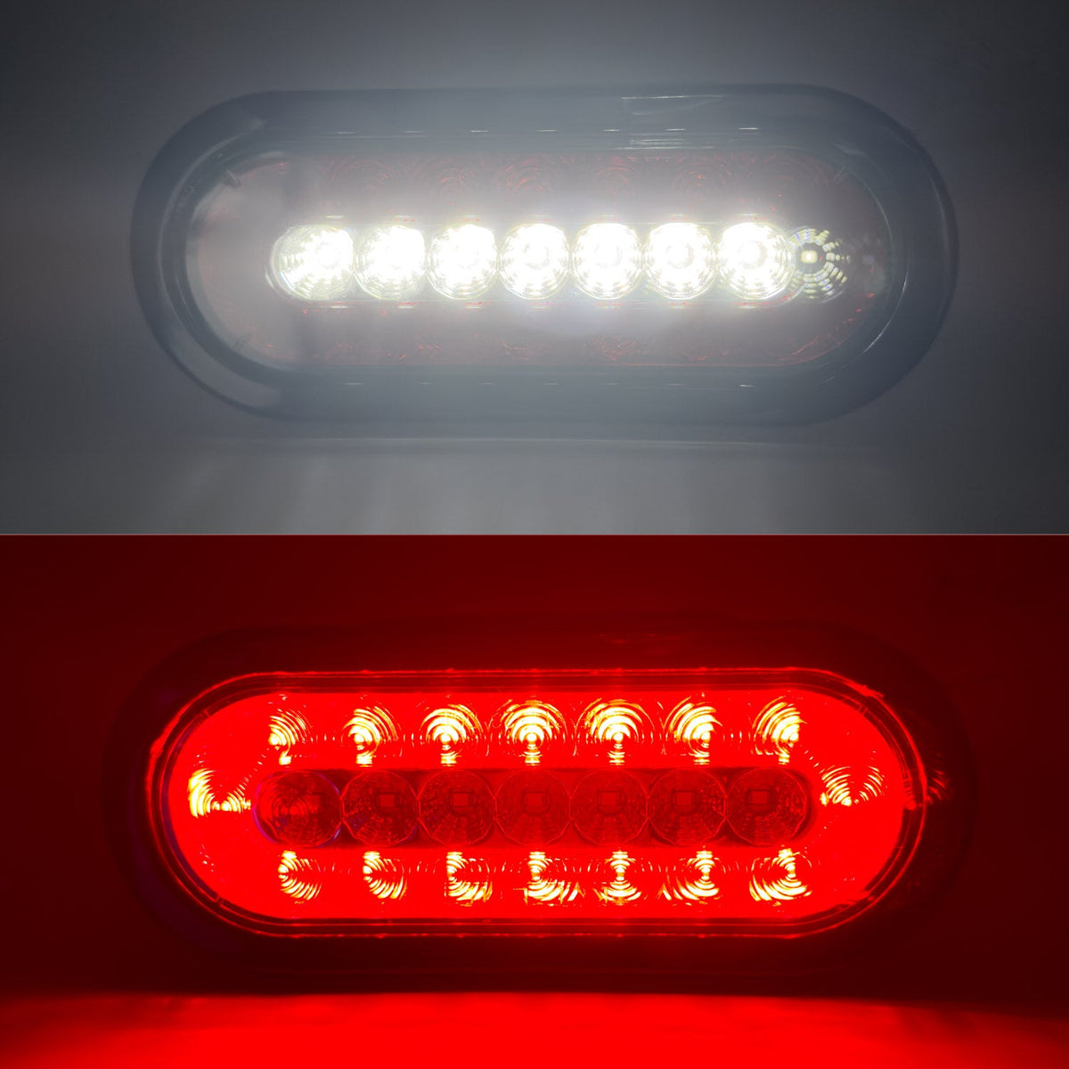 Red & White Oval 6" Universal 2-Pc LED Trailer Tail Lights (Red Running Lights, Brake Lights, Turn Signals & White Reverse/Backup Lights)