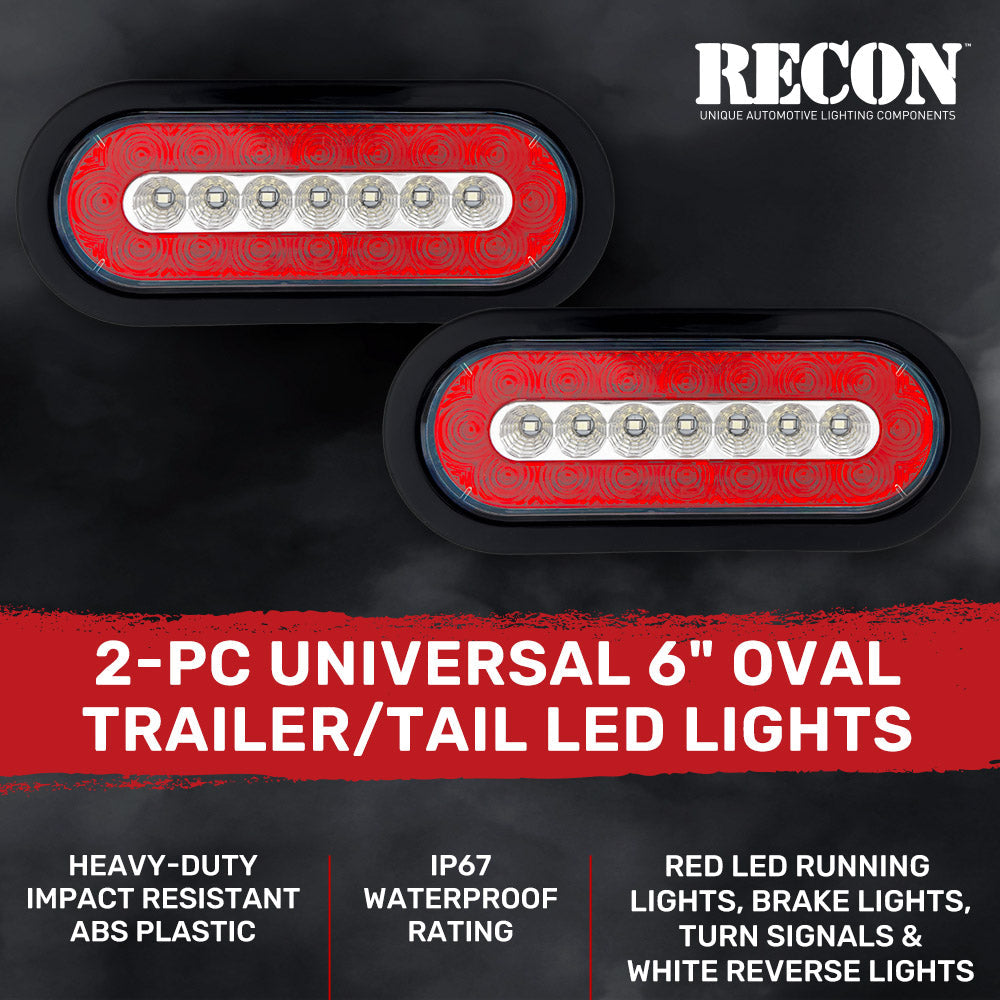 Red & White Oval 6" Universal 2-Pc LED Trailer Tail Lights (Red Running Lights, Brake Lights, Turn Signals & White Reverse/Backup Lights)
