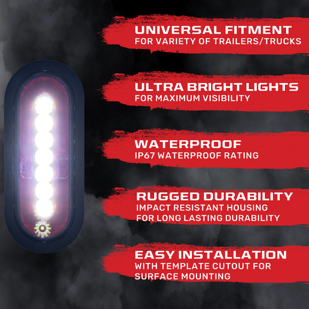 Red & White Oval 6" Universal 2-Pc LED Trailer Tail Lights (Red Running Lights, Brake Lights, Turn Signals & White Reverse/Backup Lights)