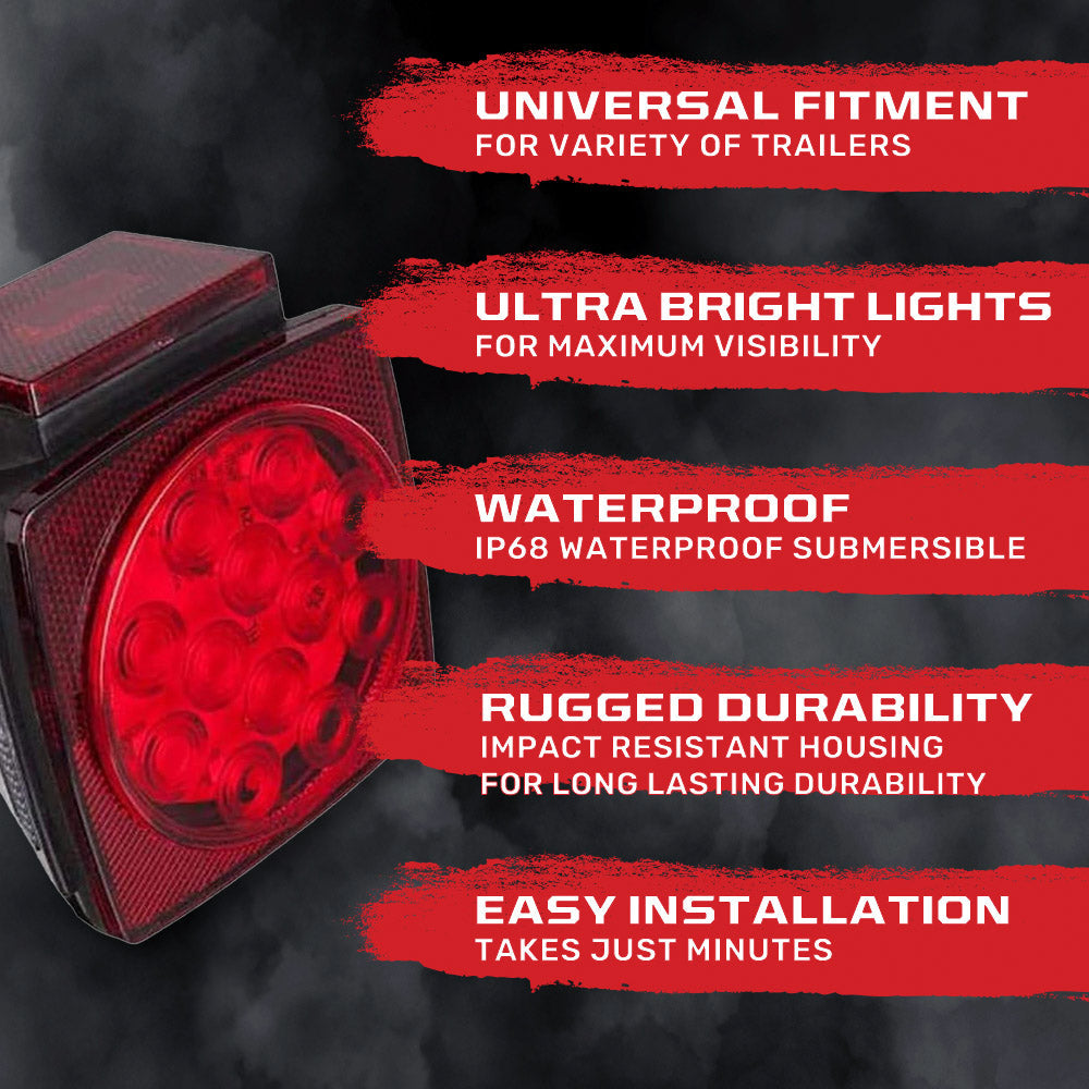 Red Square 2-Pc Universal LED Utility Trailer Lights (Red Running Lights, Brake Lights & Turn Signals)