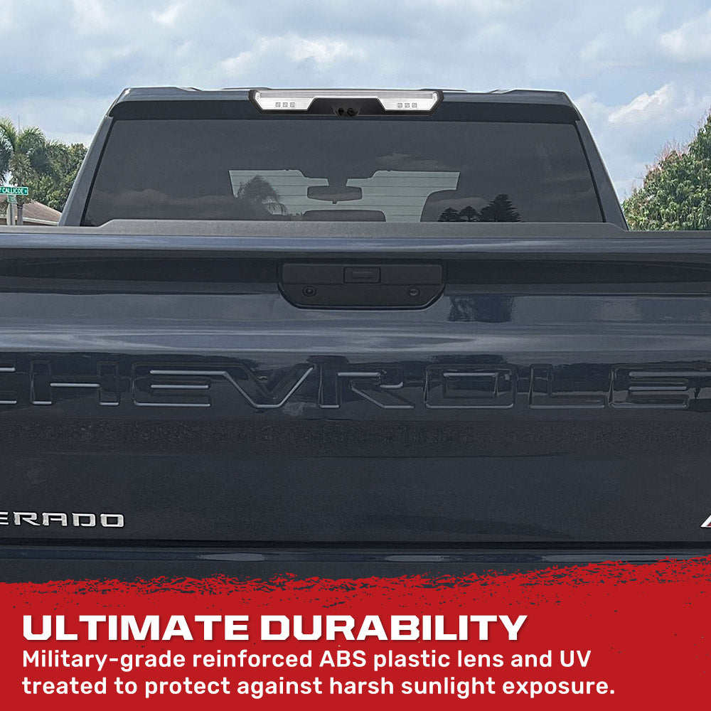GMC Sierra 1500 & Chevy Silverado 1500 19-26 (4th GEN) - ULTRA HIGH POWER Red LED 3rd Brake Light w/ ULTRA HIGH POWER CREE XML White LED Cargo Lights (Replaces LED 3rd Brake Light with 2 Cargo Bed Cameras - Clear Lens