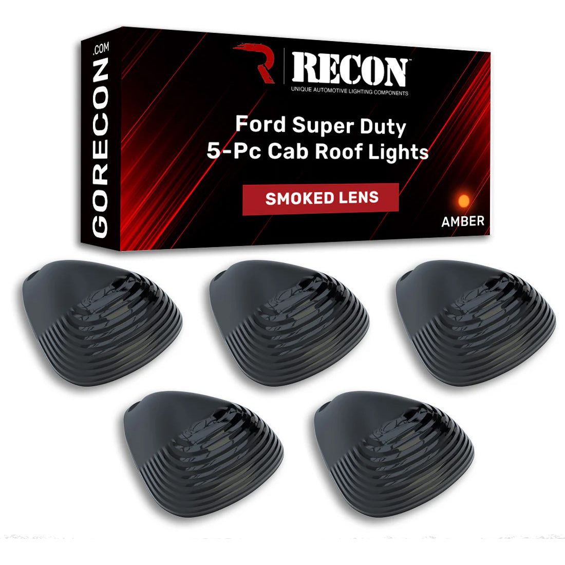 Ford Super Duty 99-16 5 Piece Cab Lights Amber Xenon Bulbs with Smoked Lens - (Attn: This cab light kit replaces OEM factory installed Ford 99-16 cab roof light lenses)
