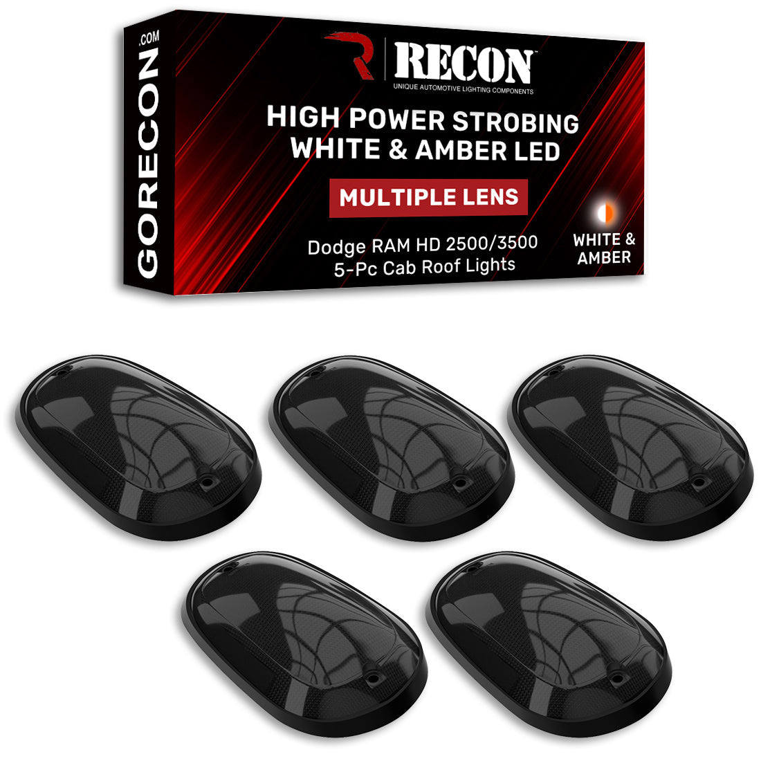 Dodge RAM 03-18 Heavy-Duty 2500/3500 5-Piece Cab Roof Light Kit Strobe LED White & Amber - Multiple Lens