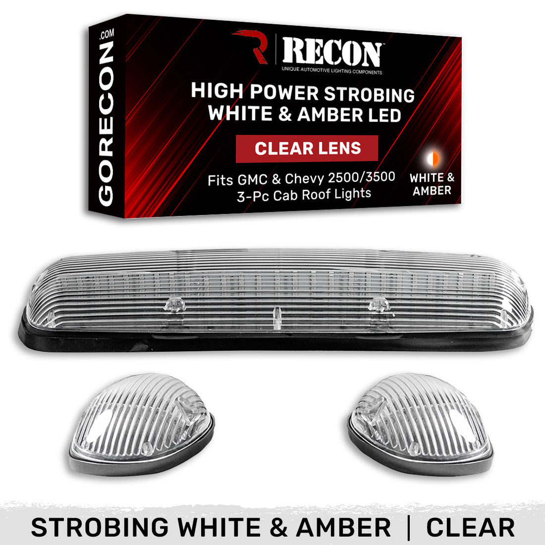 GMC & Chevy 02-07 3-Piece Cab Roof Light Kit Strobe LED White & Amber - Multiple Lens