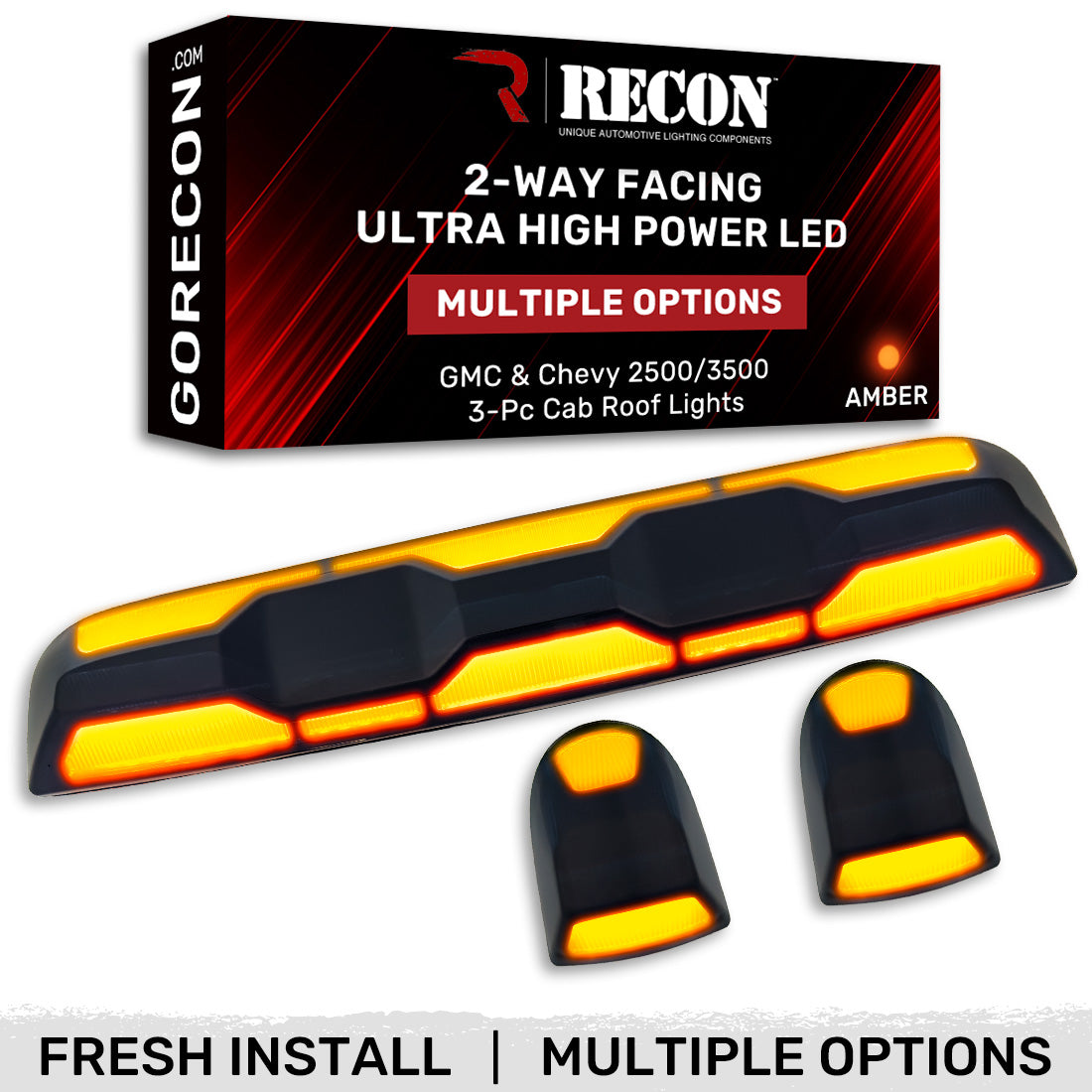 RECON - GMC & Chevy 20-26 (4th Gen) Heavy-Duty 3-Pc Cab Roof Light Set 2-Way Front & Rear Facing Ultra High-Power LED (ATTN: For models that DID NOT come with factory cab roof lights) - Multiple Options