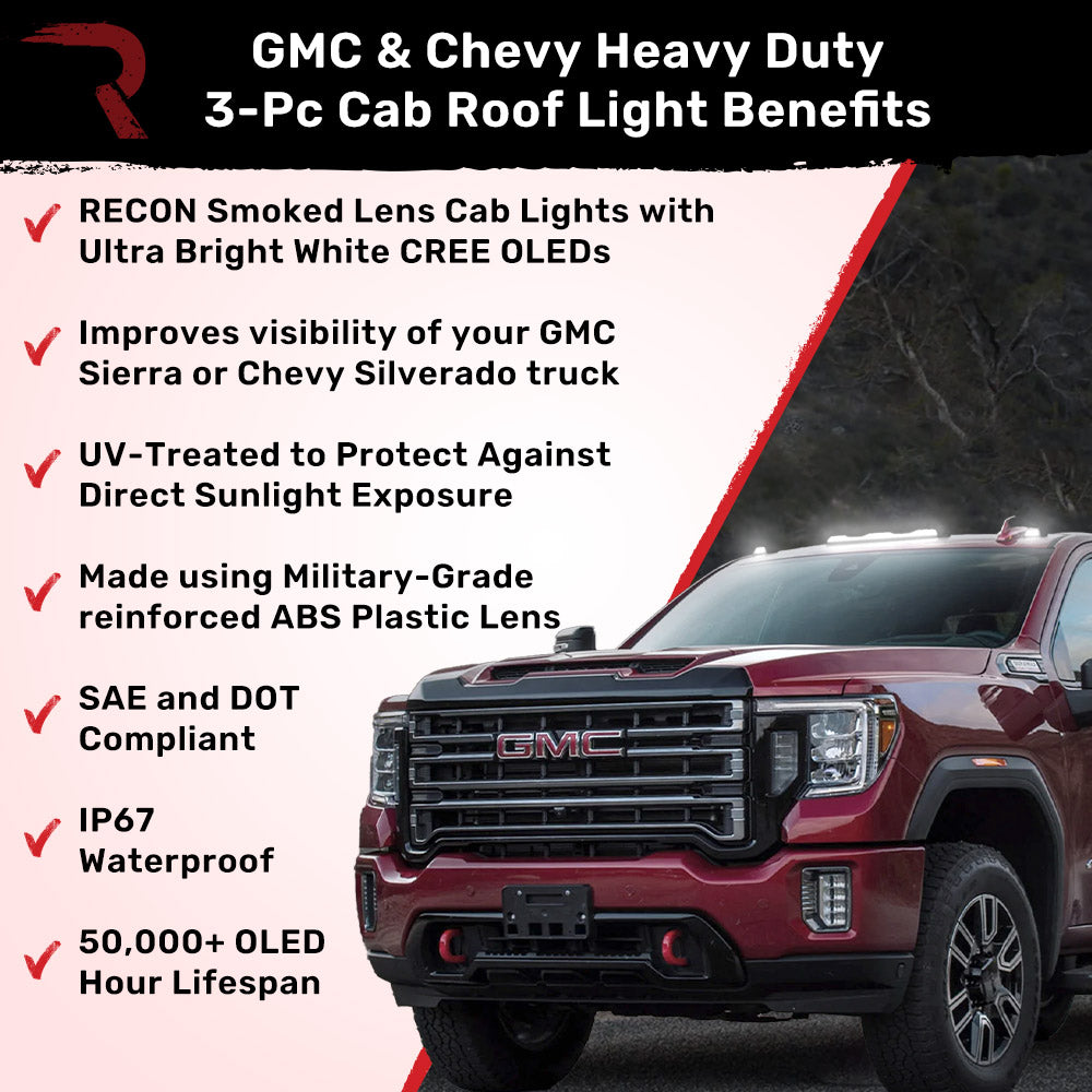GMC & Chevy 20-26 (4th GEN Body Style) Heavy-Duty (3-Piece Set) Smoked Cab Roof Light Lens with White LEDs - (ATTN: For models that DID NOT come with factory cab roof lights)