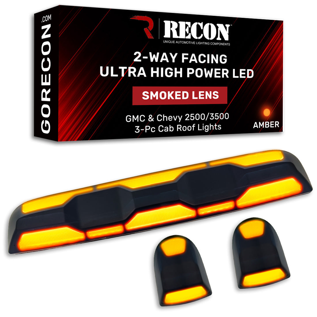 RECON - GMC & Chevy 20-26 (4th Gen) Heavy-Duty 3-Pc Cab Roof Light Set 2-Way Front & Rear Facing Ultra High-Power LED (ATTN: For models that DID NOT come with factory cab roof lights) - Multiple Options