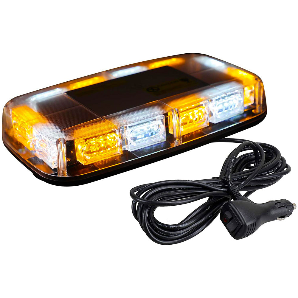 Roof Mounted 360 Degree 12" Emergency LED Strobe/Flashing Light Bar in Amber & White - Magnetic Suction Cup Installation with 16 Lighting Functions