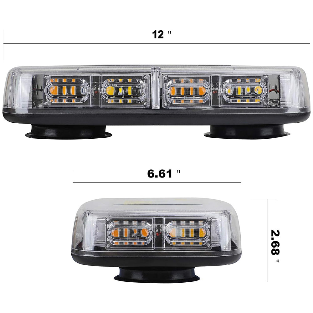 Roof Mounted 360 Degree 12" Emergency LED Strobe/Flashing Light Bar in Amber & White - Magnetic Suction Cup Installation with 16 Lighting Functions