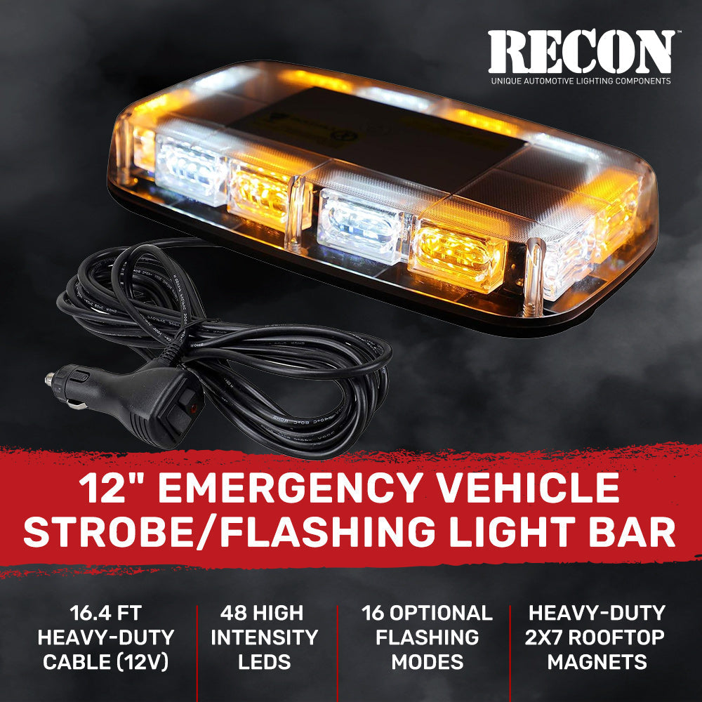 Roof Mounted 360 Degree 12" Emergency LED Strobe/Flashing Light Bar in Amber & White - Magnetic Suction Cup Installation with 16 Lighting Functions