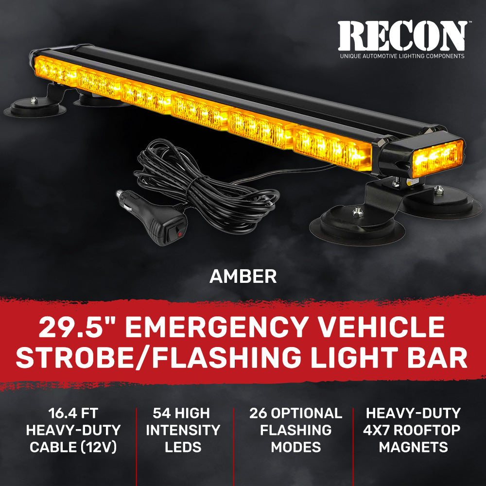Exterior Roof Mounted 29.5" Emergency LED Strobe Light Bar Magnetic Suction Cup Installation w/ 26 Lighting Functions - Multiple. Colors