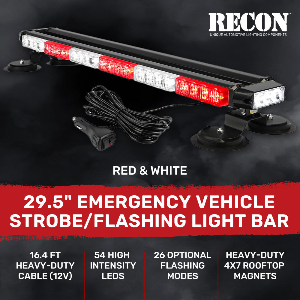 Exterior Roof Mounted 29.5" Emergency LED Strobe Light Bar Magnetic Suction Cup Installation w/ 26 Lighting Functions - Multiple. Colors