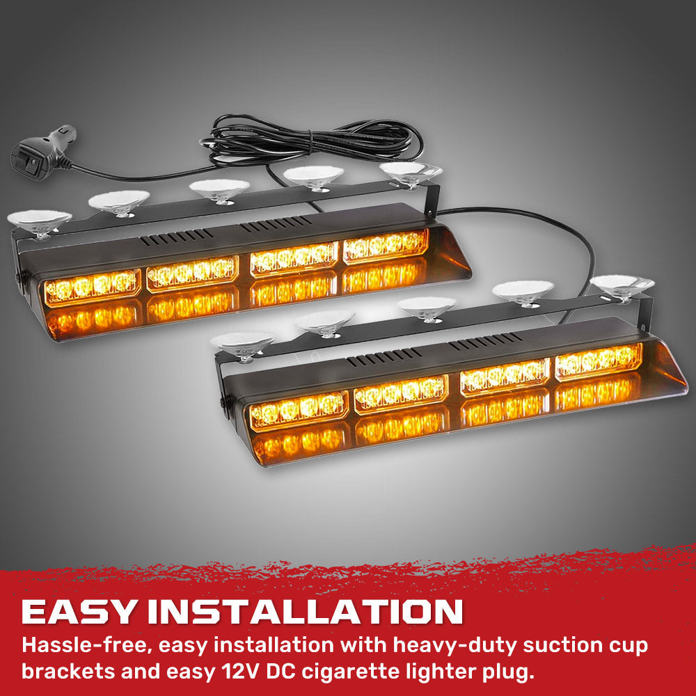 Interior Front Window 2-PC 14" LED Strobe Light Bars Suction Cup Installation A/C Adapter Plug & Play 26 Light Functions - Multiple Colors