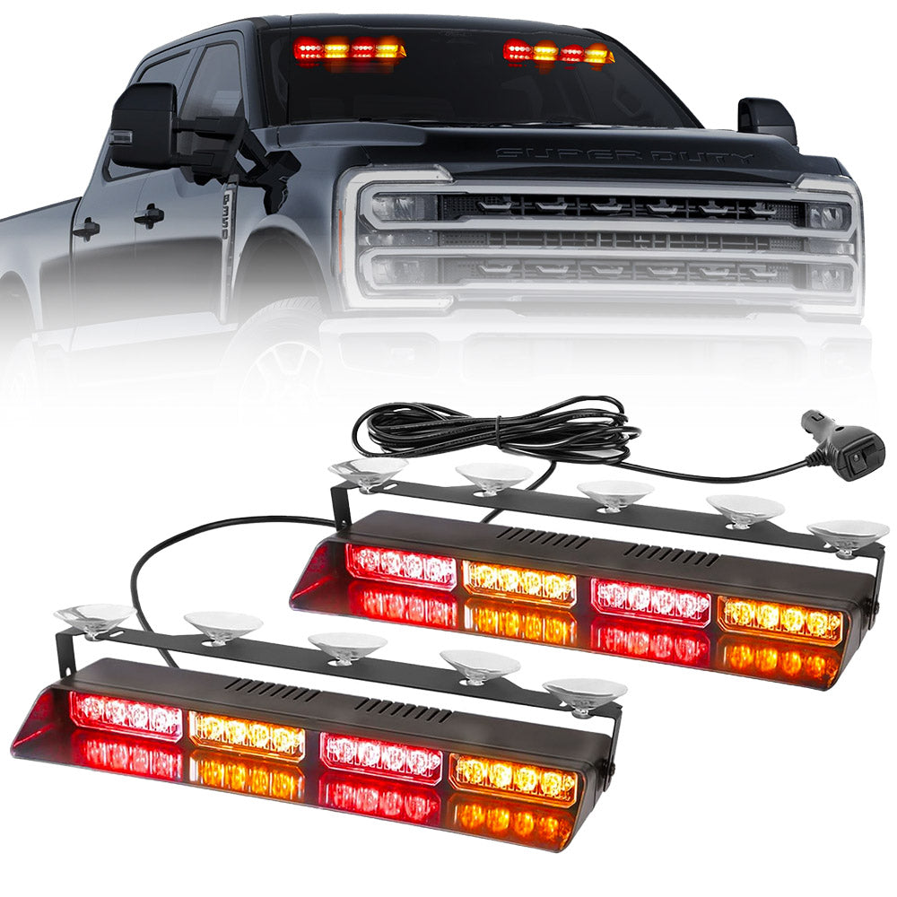 Interior Front Window 2-PC 14" LED Strobe Light Bars Suction Cup Installation A/C Adapter Plug & Play 26 Light Functions - Multiple Colors