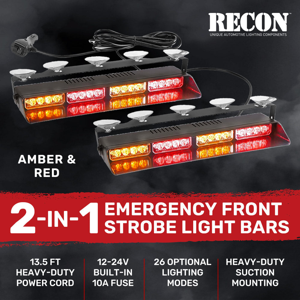 Interior Front Window 2-PC 14" LED Strobe Light Bars Suction Cup Installation A/C Adapter Plug & Play 26 Light Functions - Multiple Colors