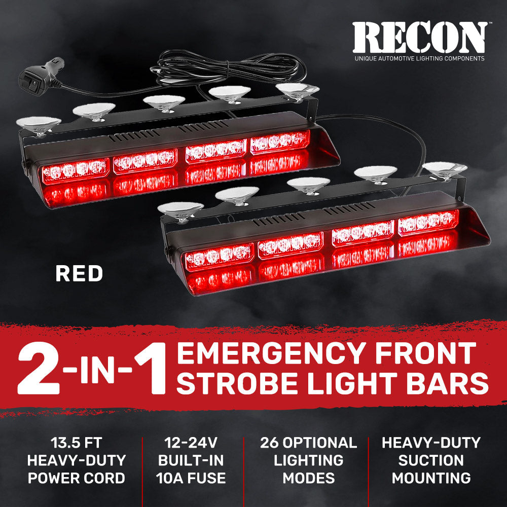 Interior Front Window 2-PC 14" LED Strobe Light Bars Suction Cup Installation A/C Adapter Plug & Play 26 Light Functions - Multiple Colors