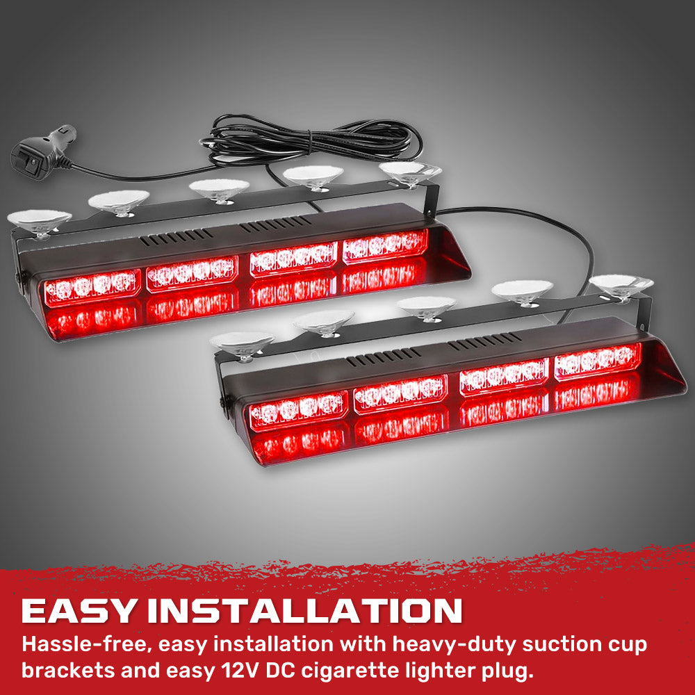 Interior Front Window 2-PC 14" LED Strobe Light Bars Suction Cup Installation A/C Adapter Plug & Play 26 Light Functions - Multiple Colors