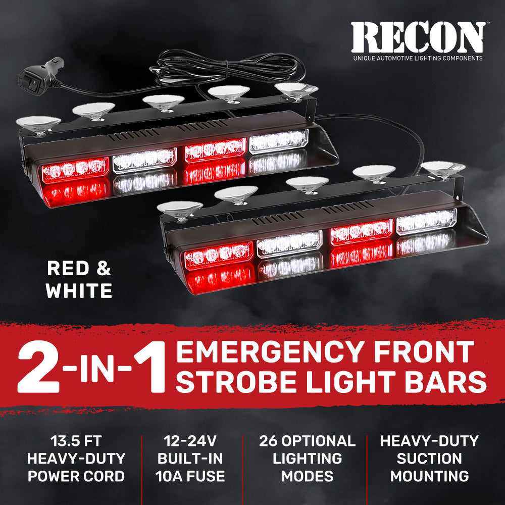 Interior Front Window 2-PC 14" LED Strobe Light Bars Suction Cup Installation A/C Adapter Plug & Play 26 Light Functions - Multiple Colors