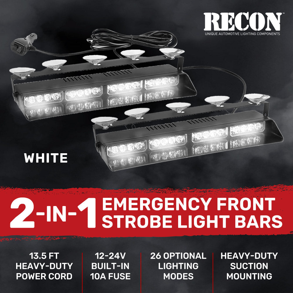 Interior Front Window 2-PC 14" LED Strobe Light Bars Suction Cup Installation A/C Adapter Plug & Play 26 Light Functions - Multiple Colors