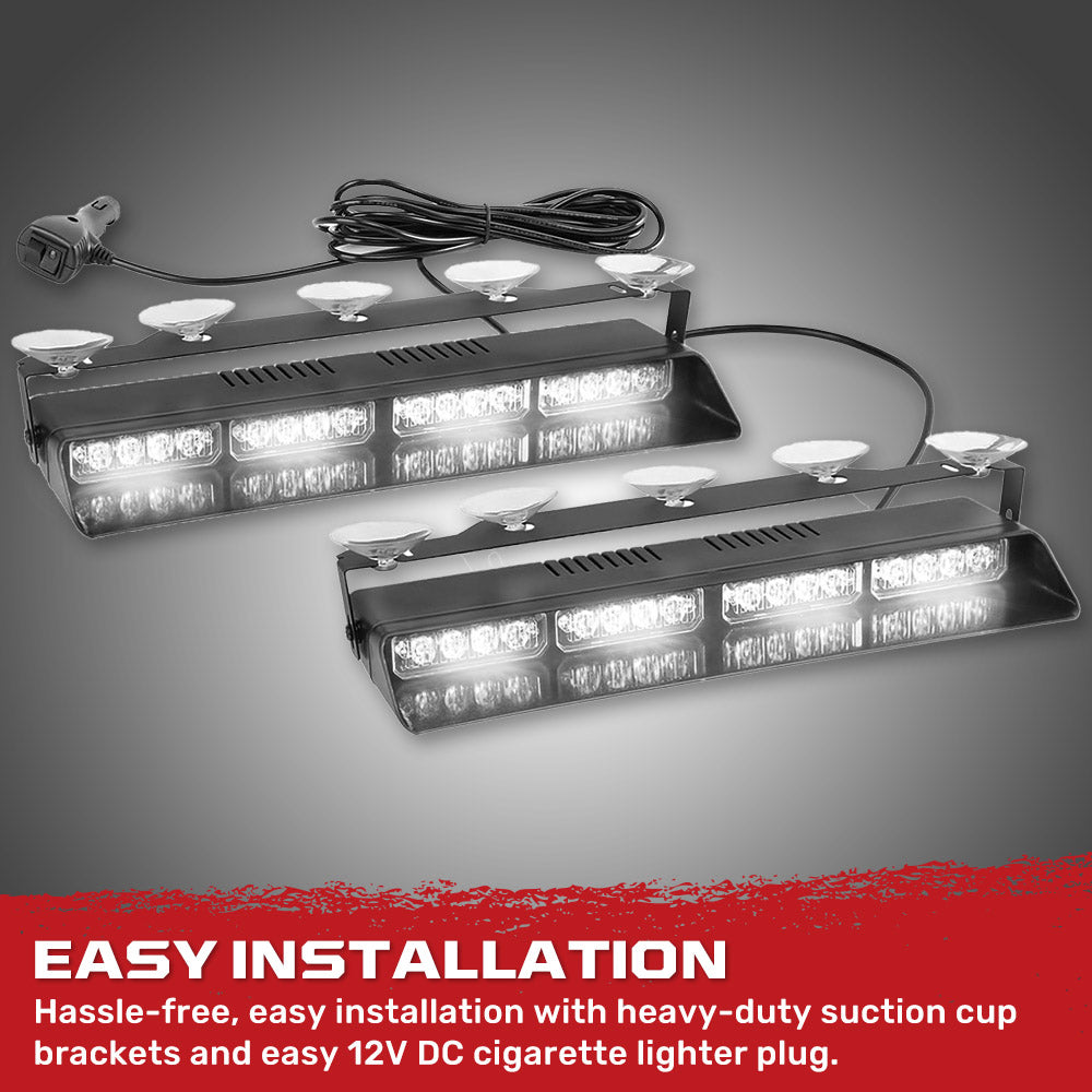 Interior Front Window 2-PC 14" LED Strobe Light Bars Suction Cup Installation A/C Adapter Plug & Play 26 Light Functions - Multiple Colors
