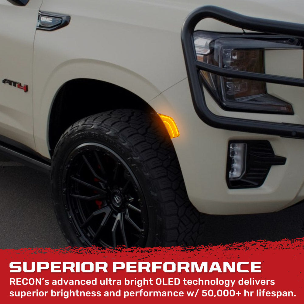 Cadillac 21-24 Escalade & GMC 21-24 Yukon/Yukon XL/Yukon Denali (5th Gen) & 21-24 Chevy Tahoe/Suburban (5th GEN) LED Front Fender Lens White or Amber LEDs - Smoked or Clear Lens